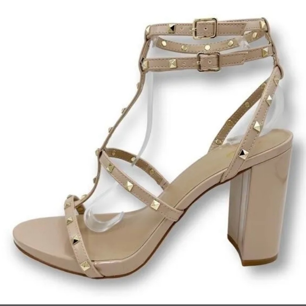 Mix no.6 Kamari Studded Tan Chunky Heel Cage Sandal